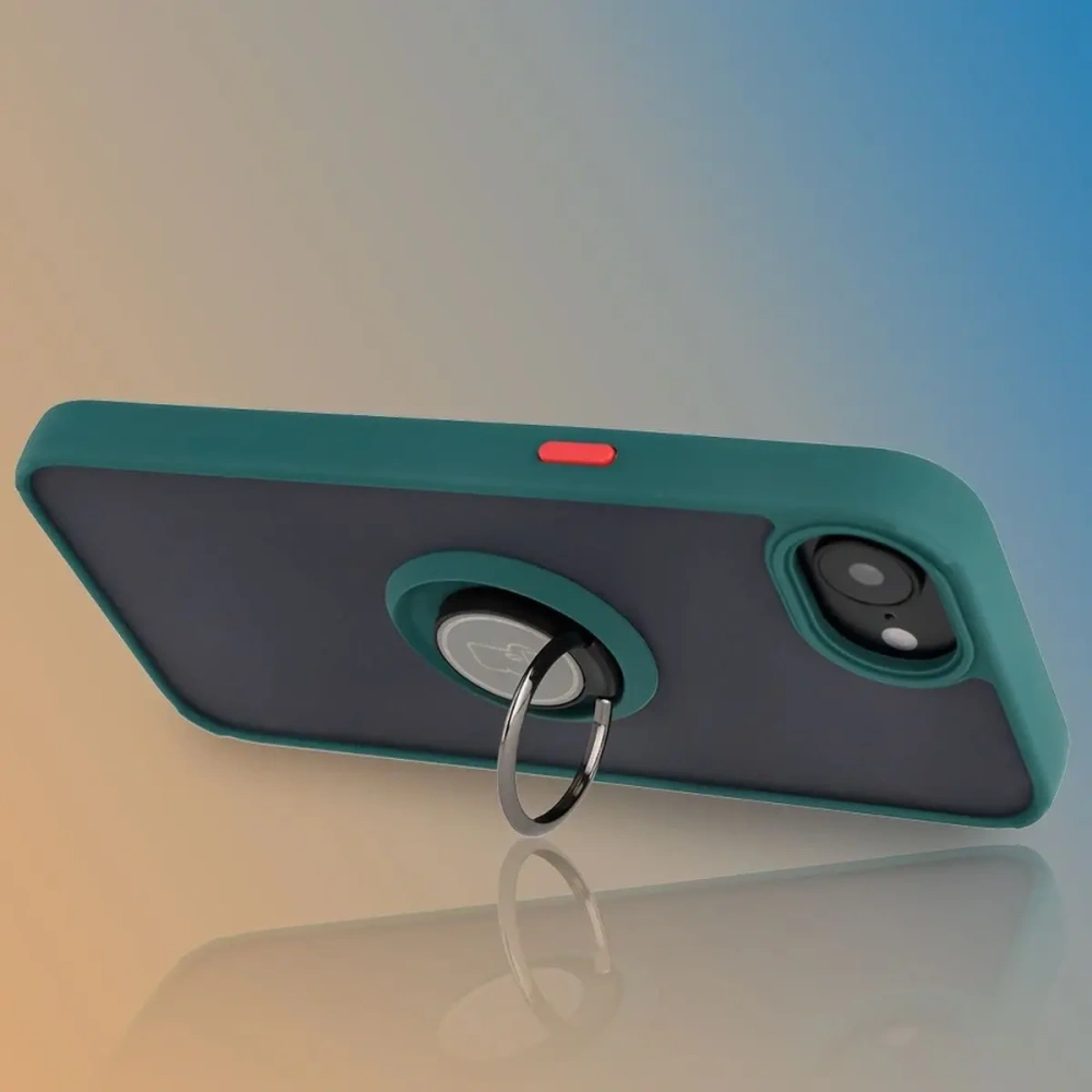 Etui z uchwytem na palec Bizon Case Hybrid Ring do Apple iPhone 16e przydymione z ciemnozieloną ramką