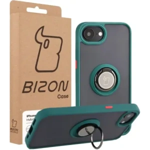 Etui z uchwytem na palec Bizon Case Hybrid Ring do Apple iPhone 16e przydymione z ciemnozieloną ramką