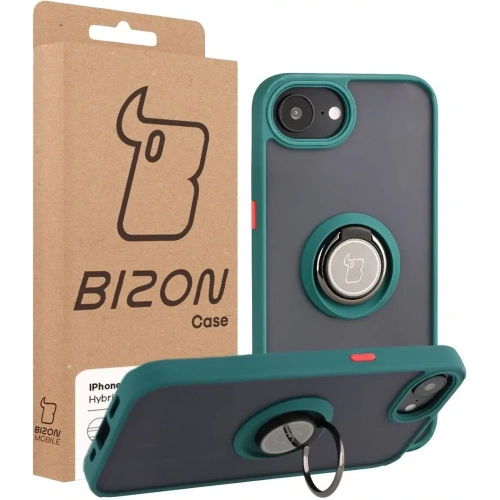 Etui z uchwytem na palec Bizon Case Hybrid Ring do Apple iPhone 16e przydymione z ciemnozieloną ramką