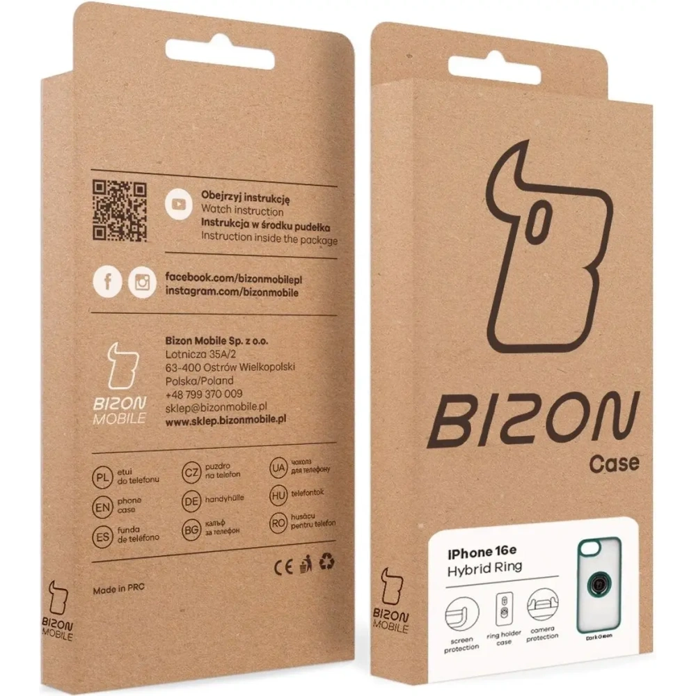 Etui z uchwytem na palec Bizon Case Hybrid Ring do Apple iPhone 16e przydymione z ciemnozieloną ramką