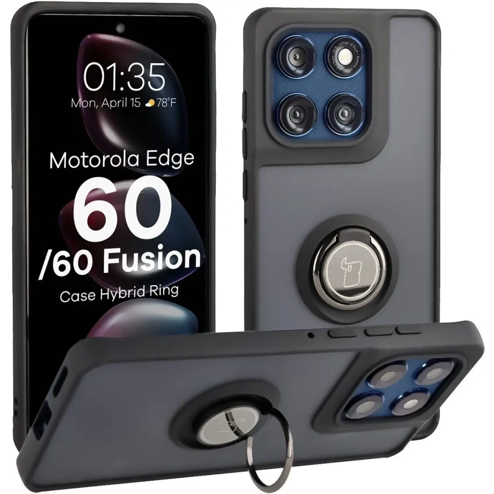 Etui z uchwytem na palec Bizon Case Hybrid Ring do Motorola Edge 60 Fusion / 60 przydymione z czarną ramką