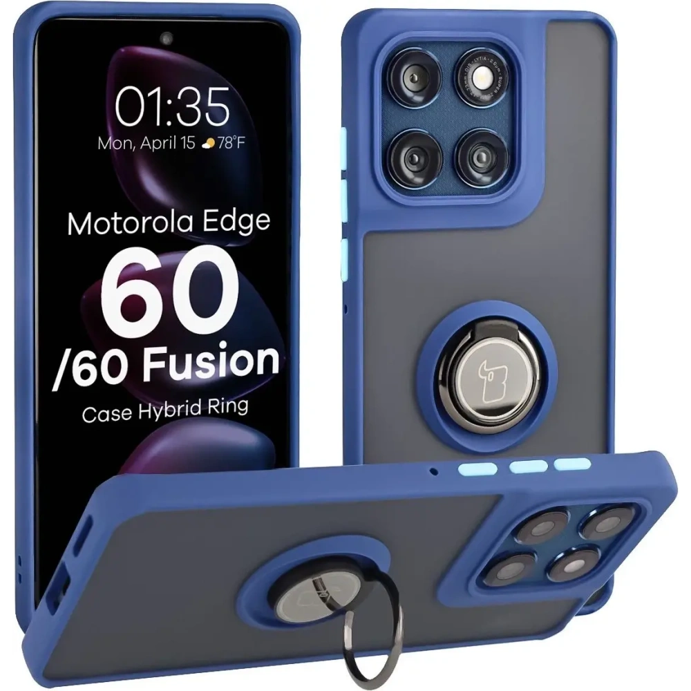 Etui z uchwytem na palec Bizon Case Hybrid Ring do Motorola Edge 60 Fusion / 60 przydymione z granatową ramką