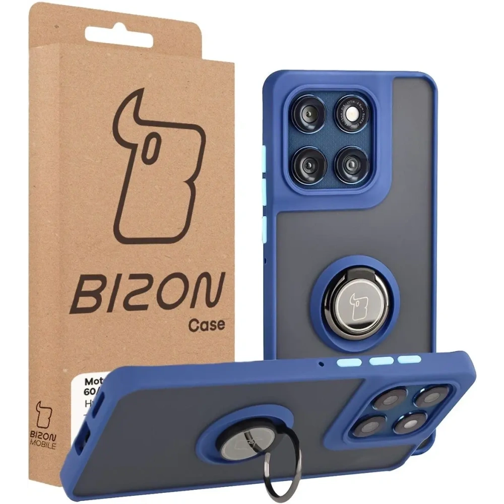 Etui z uchwytem na palec Bizon Case Hybrid Ring do Motorola Edge 60 Fusion / 60 przydymione z granatową ramką