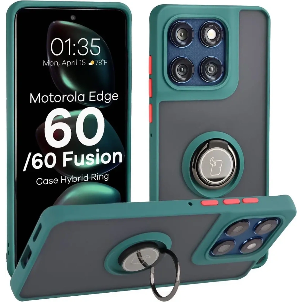 Etui z uchwytem na palec Bizon Case Hybrid Ring do Motorola Edge 60 Fusion / 60 przydymione z ciemnozieloną ramką