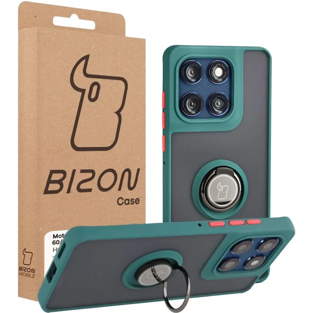 Etui z uchwytem na palec Bizon Case Hybrid Ring do Motorola Edge 60 Fusion / 60 przydymione z ciemnozieloną ramką