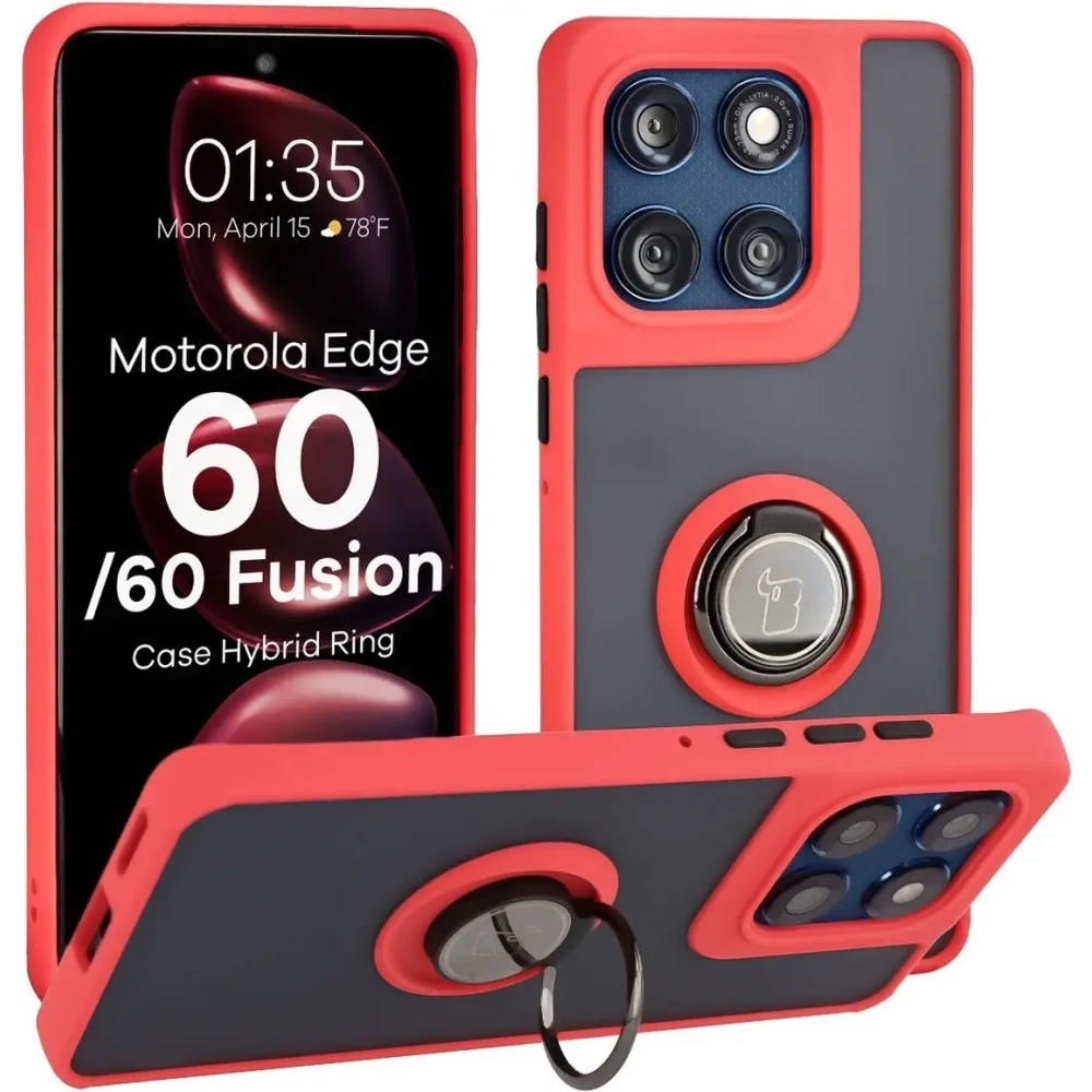 Etui z uchwytem na palec Bizon Case Hybrid Ring do Motorola Edge 60 Fusion / 60 przydymione z czerwoną ramką