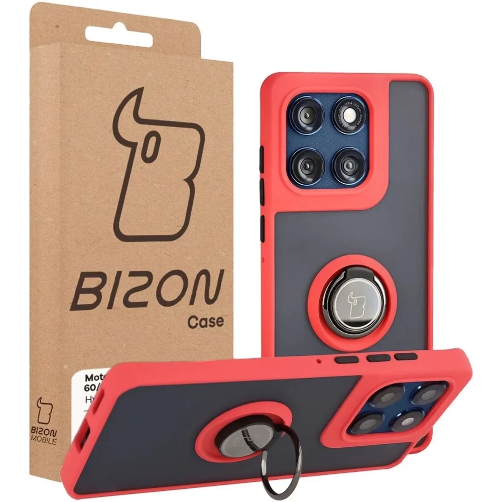 Etui z uchwytem na palec Bizon Case Hybrid Ring do Motorola Edge 60 Fusion / 60 przydymione z czerwoną ramką