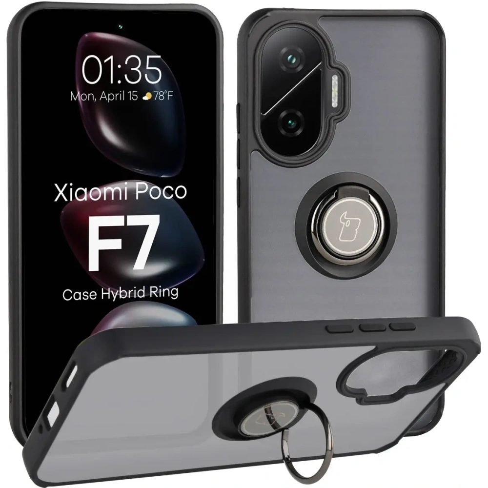 Etui z uchwytem na palec Bizon Case Hybrid Ring do Xiaomi POCO F7 przydymione z czarną ramką