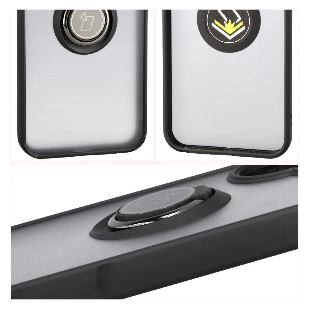 Etui z uchwytem na palec Bizon Case Hybrid Ring do Xiaomi POCO F7 przydymione z czarną ramką