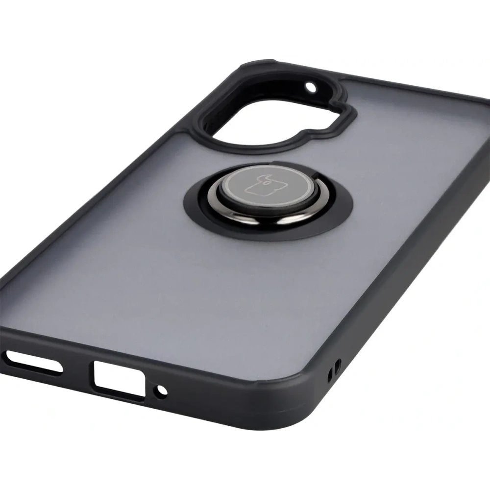 Etui z uchwytem na palec Bizon Case Hybrid Ring do Xiaomi POCO F7 przydymione z czarną ramką