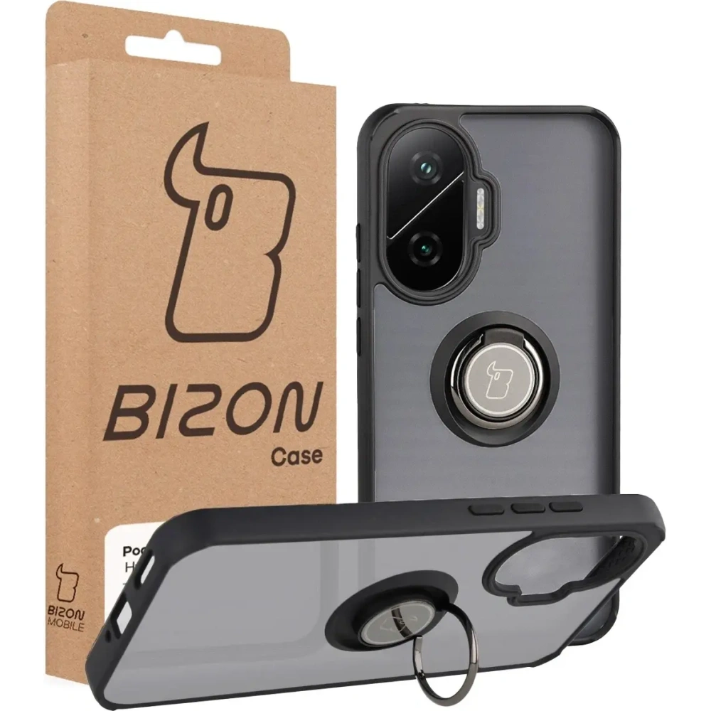 Etui z uchwytem na palec Bizon Case Hybrid Ring do Xiaomi POCO F7 przydymione z czarną ramką