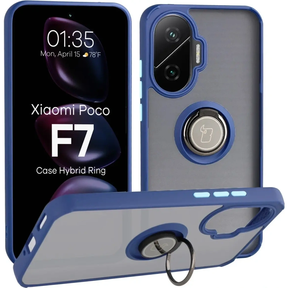 Etui z uchwytem na palec Bizon Case Hybrid Ring do Xiaomi POCO F7 przydymione z granatową ramką