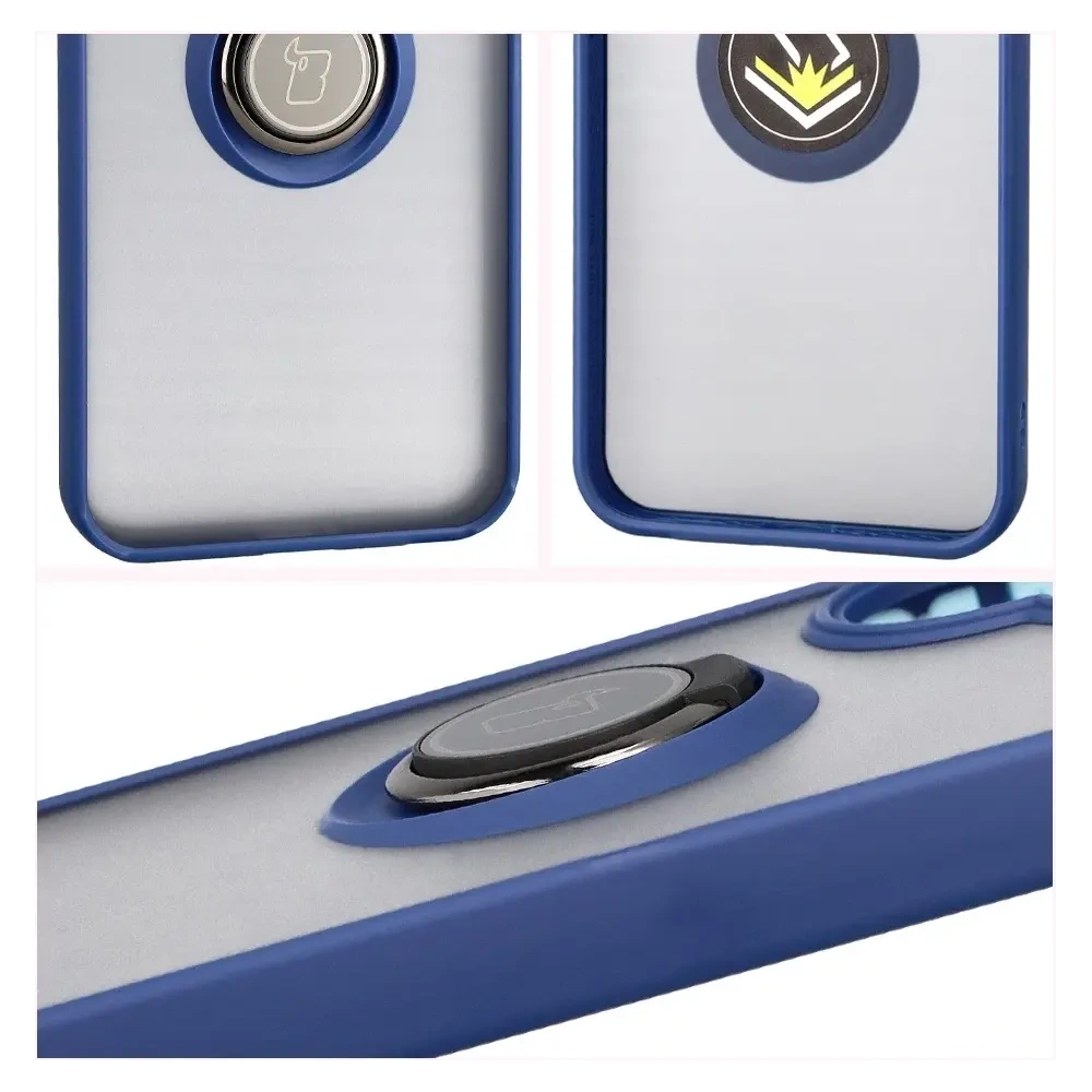 Etui z uchwytem na palec Bizon Case Hybrid Ring do Xiaomi POCO F7 przydymione z granatową ramką