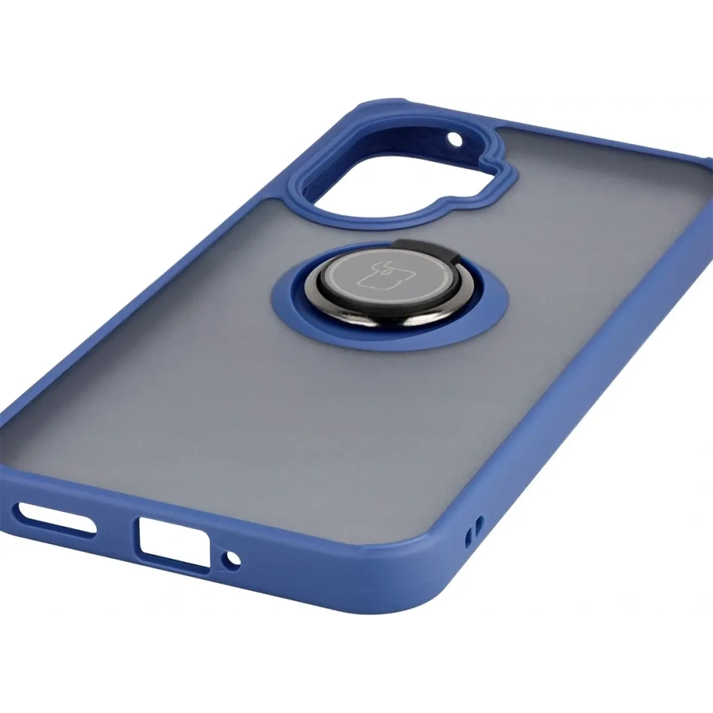 Etui z uchwytem na palec Bizon Case Hybrid Ring do Xiaomi POCO F7 przydymione z granatową ramką