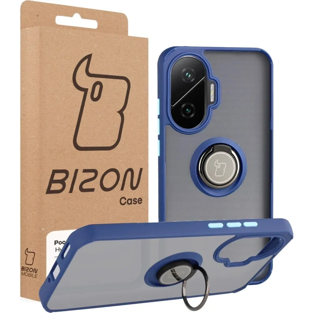 Etui z uchwytem na palec Bizon Case Hybrid Ring do Xiaomi POCO F7 przydymione z granatową ramką