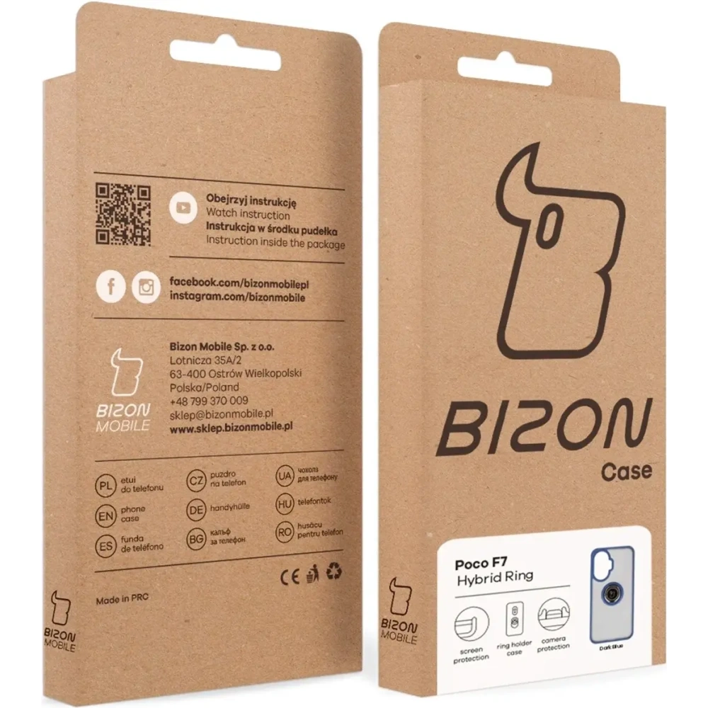 Etui z uchwytem na palec Bizon Case Hybrid Ring do Xiaomi POCO F7 przydymione z granatową ramką