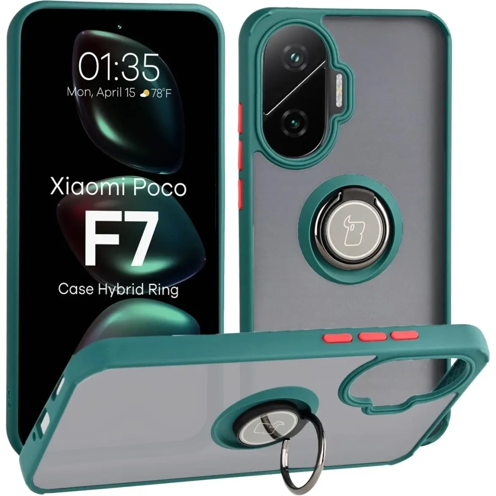 Etui z uchwytem na palec Bizon Case Hybrid Ring do Xiaomi POCO F7 przydymione z ciemnozieloną ramką