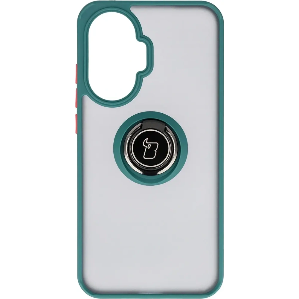 Etui z uchwytem na palec Bizon Case Hybrid Ring do Xiaomi POCO F7 przydymione z ciemnozieloną ramką