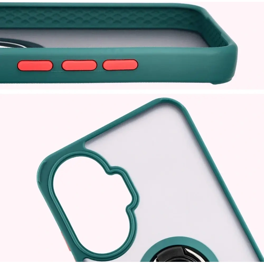 Etui z uchwytem na palec Bizon Case Hybrid Ring do Xiaomi POCO F7 przydymione z ciemnozieloną ramką