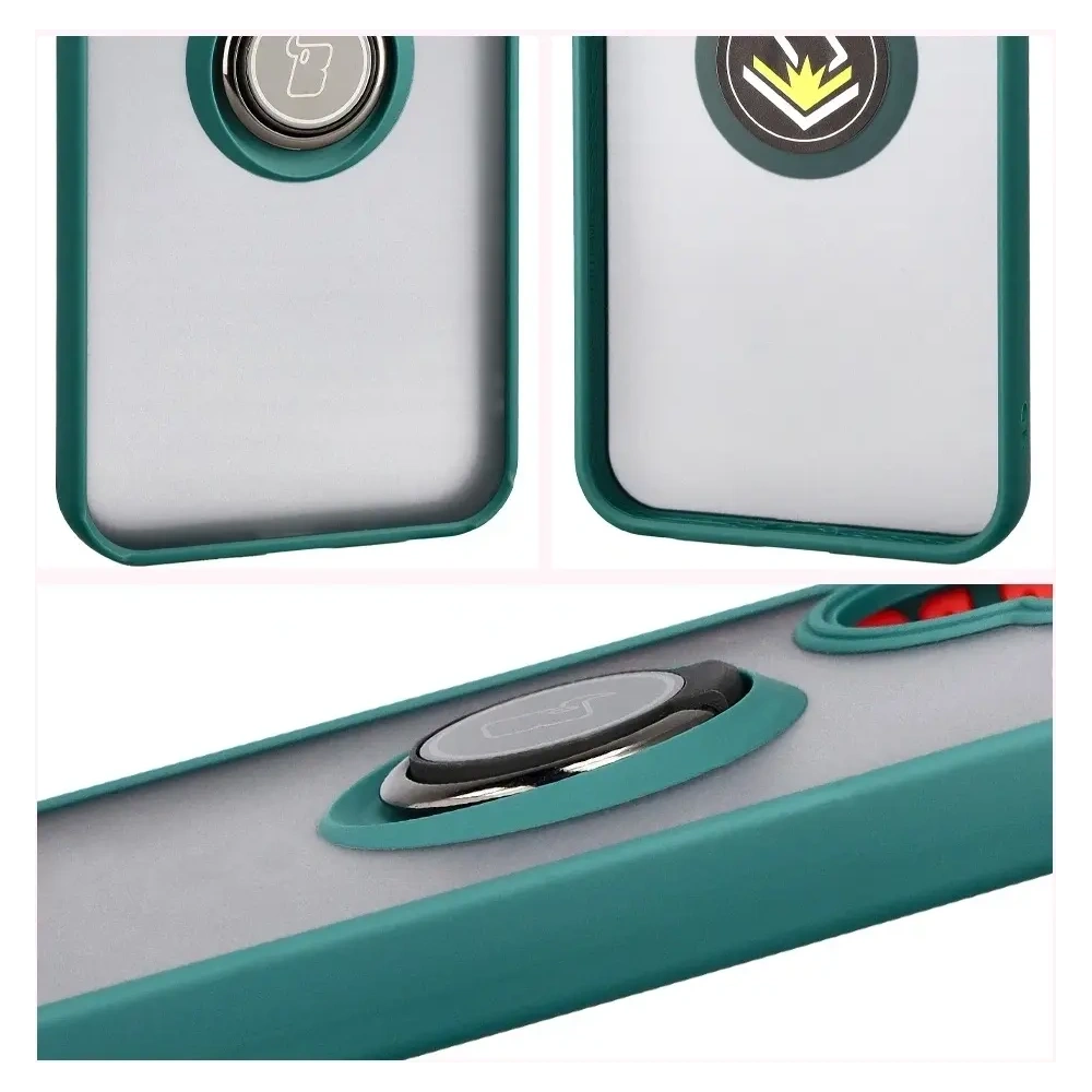 Etui z uchwytem na palec Bizon Case Hybrid Ring do Xiaomi POCO F7 przydymione z ciemnozieloną ramką