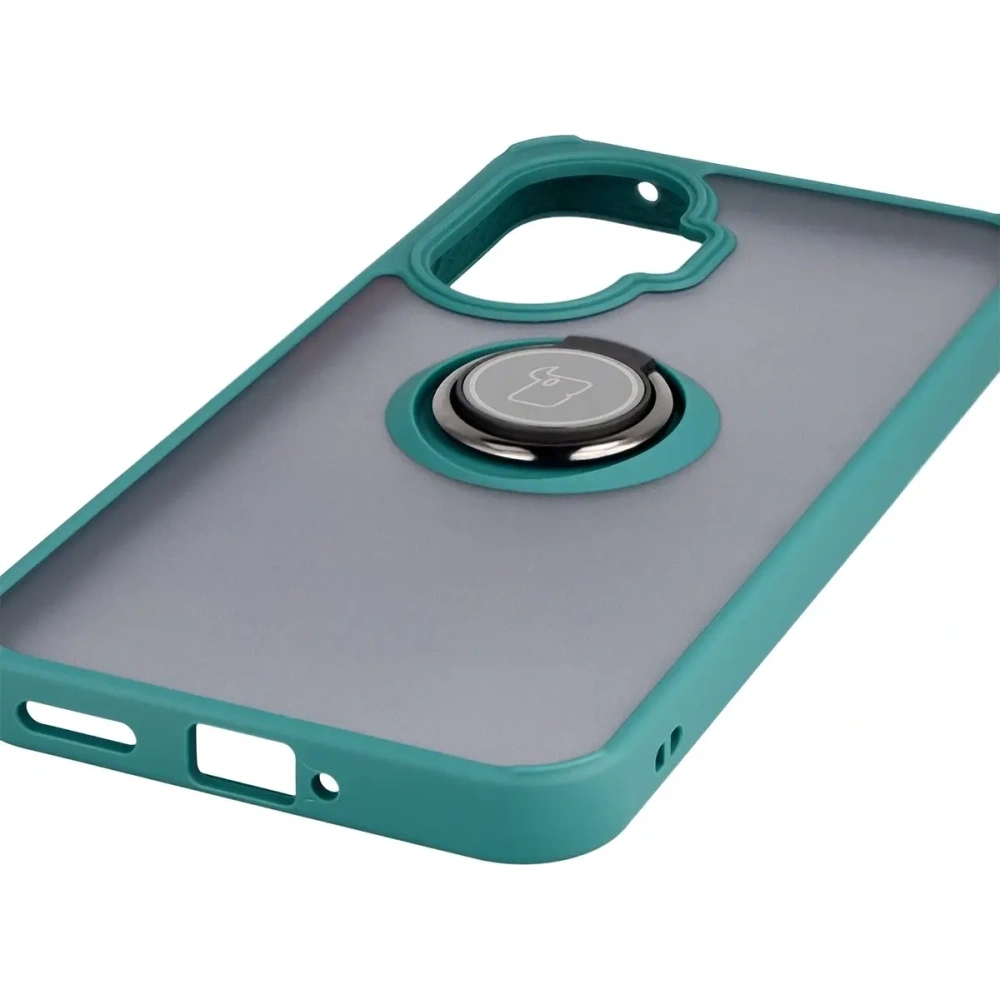Etui z uchwytem na palec Bizon Case Hybrid Ring do Xiaomi POCO F7 przydymione z ciemnozieloną ramką