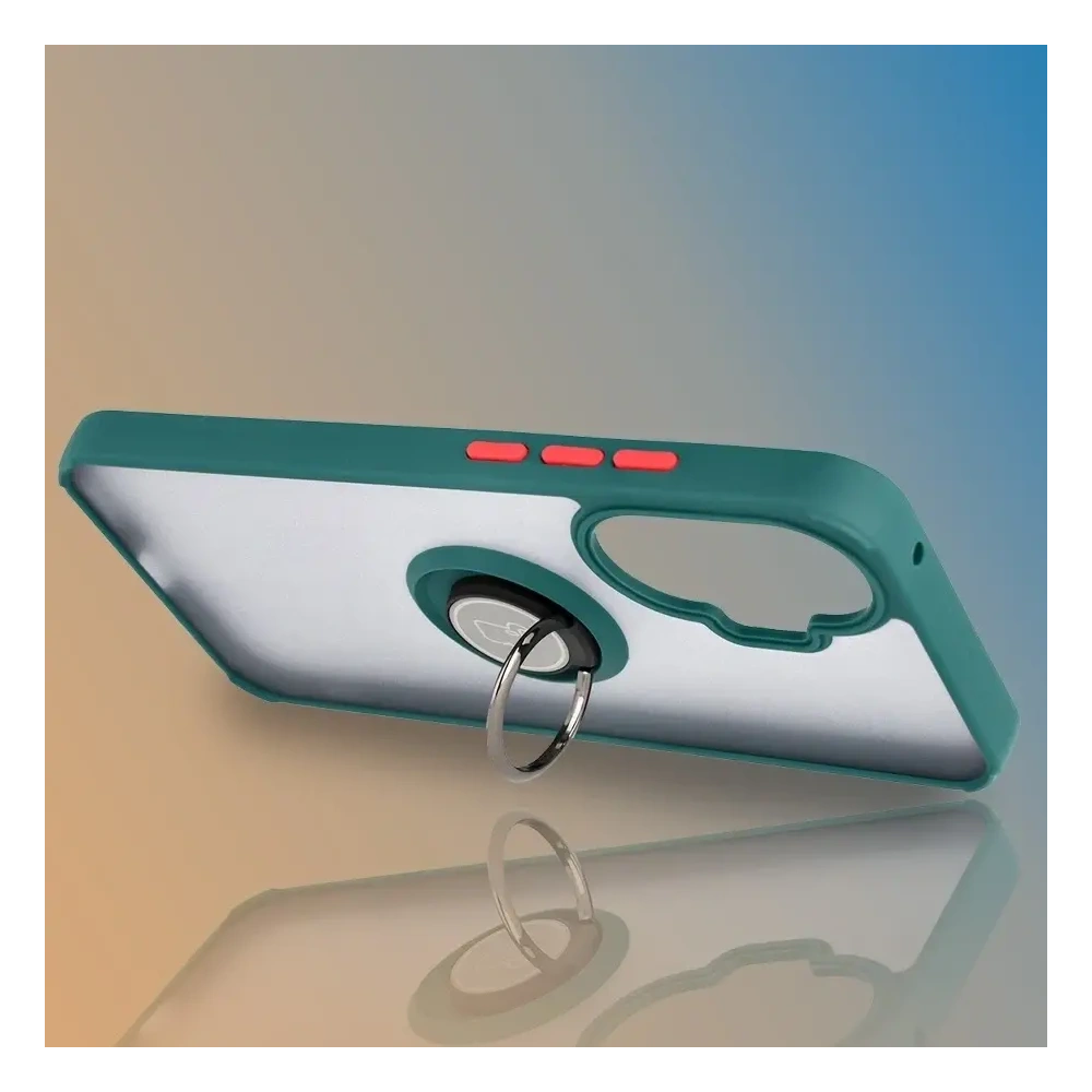 Etui z uchwytem na palec Bizon Case Hybrid Ring do Xiaomi POCO F7 przydymione z ciemnozieloną ramką