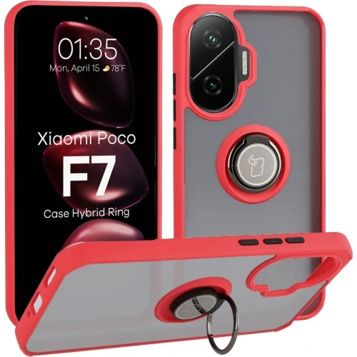 Etui z uchwytem na palec Bizon Case Hybrid Ring do Xiaomi POCO F7 przydymione z czerwoną ramką