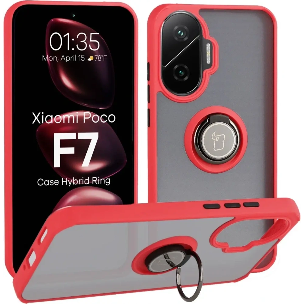 Etui z uchwytem na palec Bizon Case Hybrid Ring do Xiaomi POCO F7 przydymione z czerwoną ramką