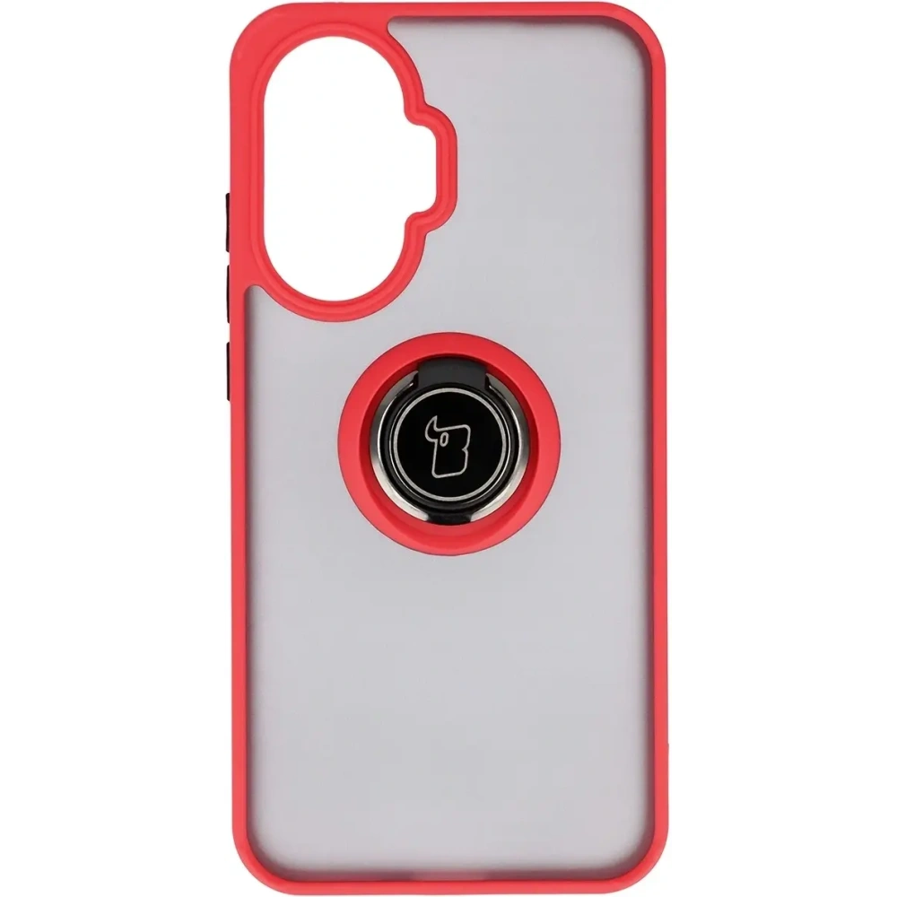 Etui z uchwytem na palec Bizon Case Hybrid Ring do Xiaomi POCO F7 przydymione z czerwoną ramką