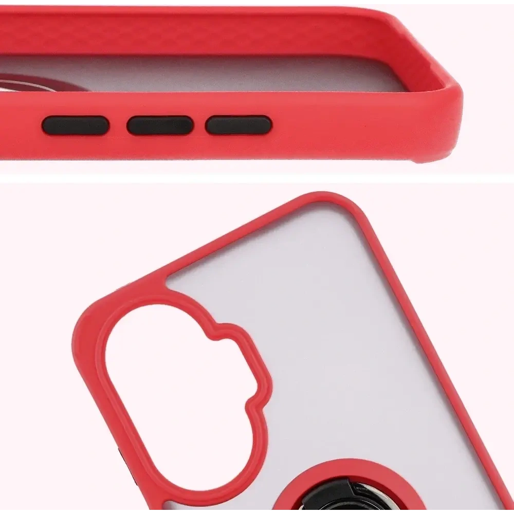 Etui z uchwytem na palec Bizon Case Hybrid Ring do Xiaomi POCO F7 przydymione z czerwoną ramką