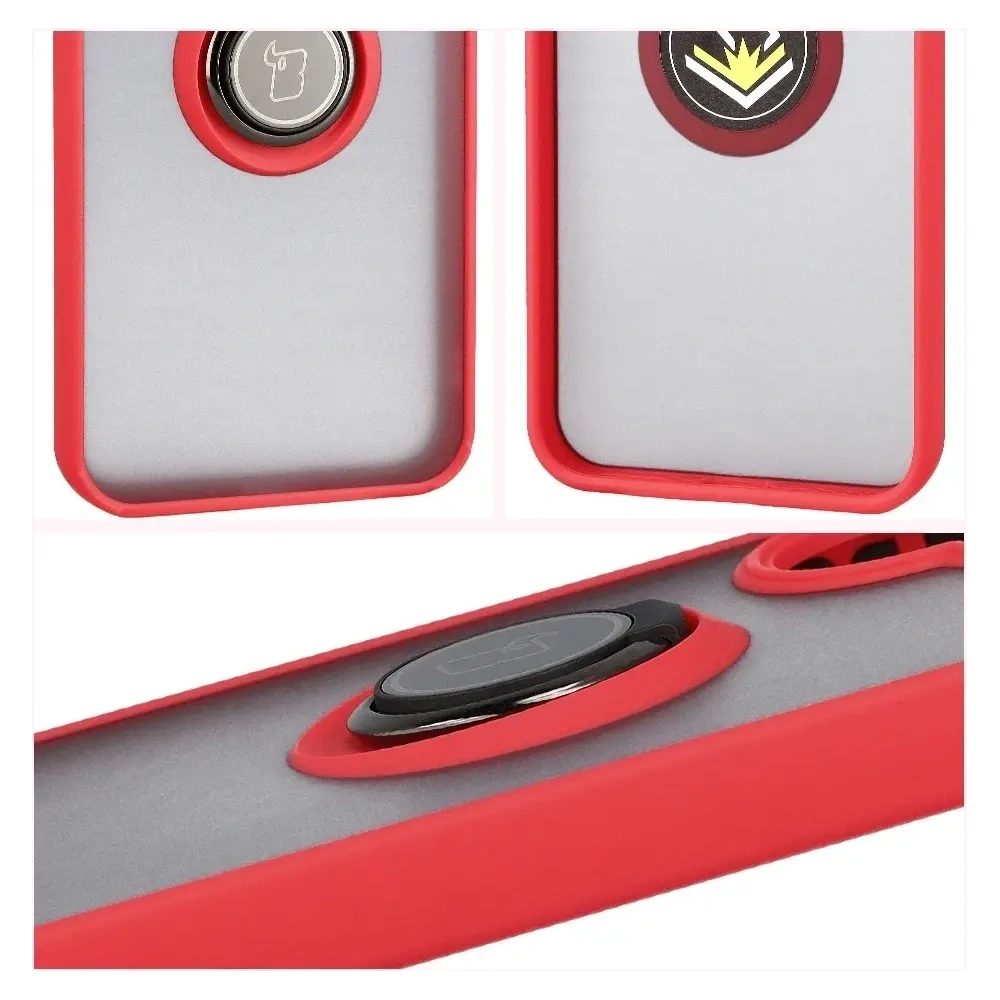 Etui z uchwytem na palec Bizon Case Hybrid Ring do Xiaomi POCO F7 przydymione z czerwoną ramką