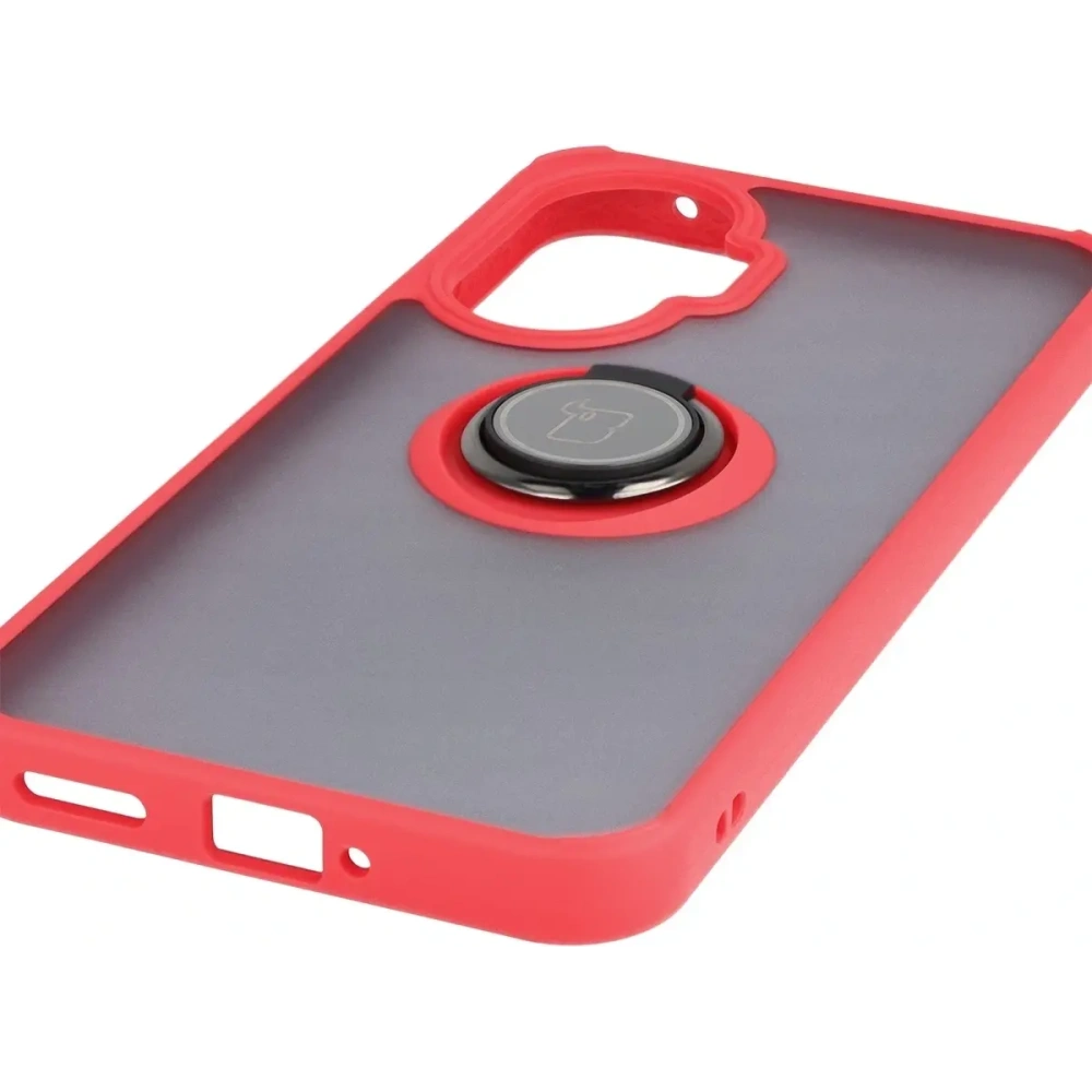 Etui z uchwytem na palec Bizon Case Hybrid Ring do Xiaomi POCO F7 przydymione z czerwoną ramką