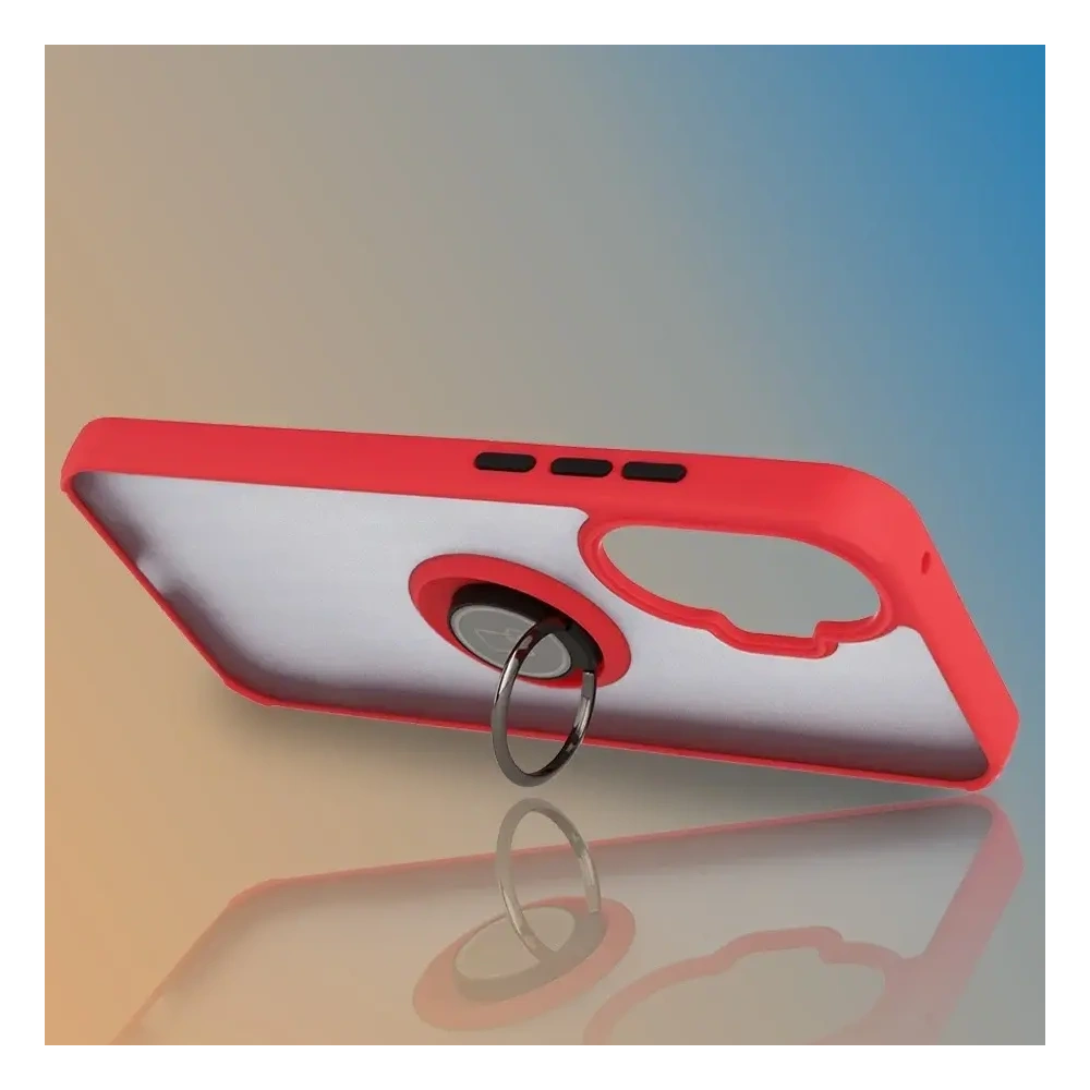 Etui z uchwytem na palec Bizon Case Hybrid Ring do Xiaomi POCO F7 przydymione z czerwoną ramką