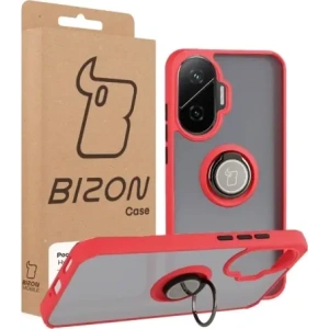 Etui z uchwytem na palec Bizon Case Hybrid Ring do Xiaomi POCO F7 przydymione z czerwoną ramką