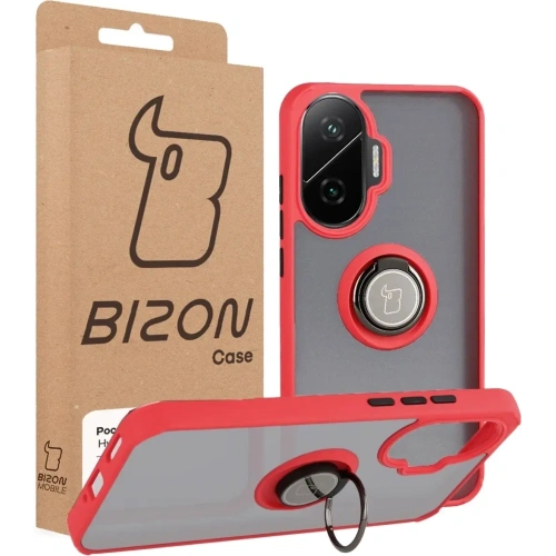 Etui z uchwytem na palec Bizon Case Hybrid Ring do Xiaomi POCO F7 przydymione z czerwoną ramką