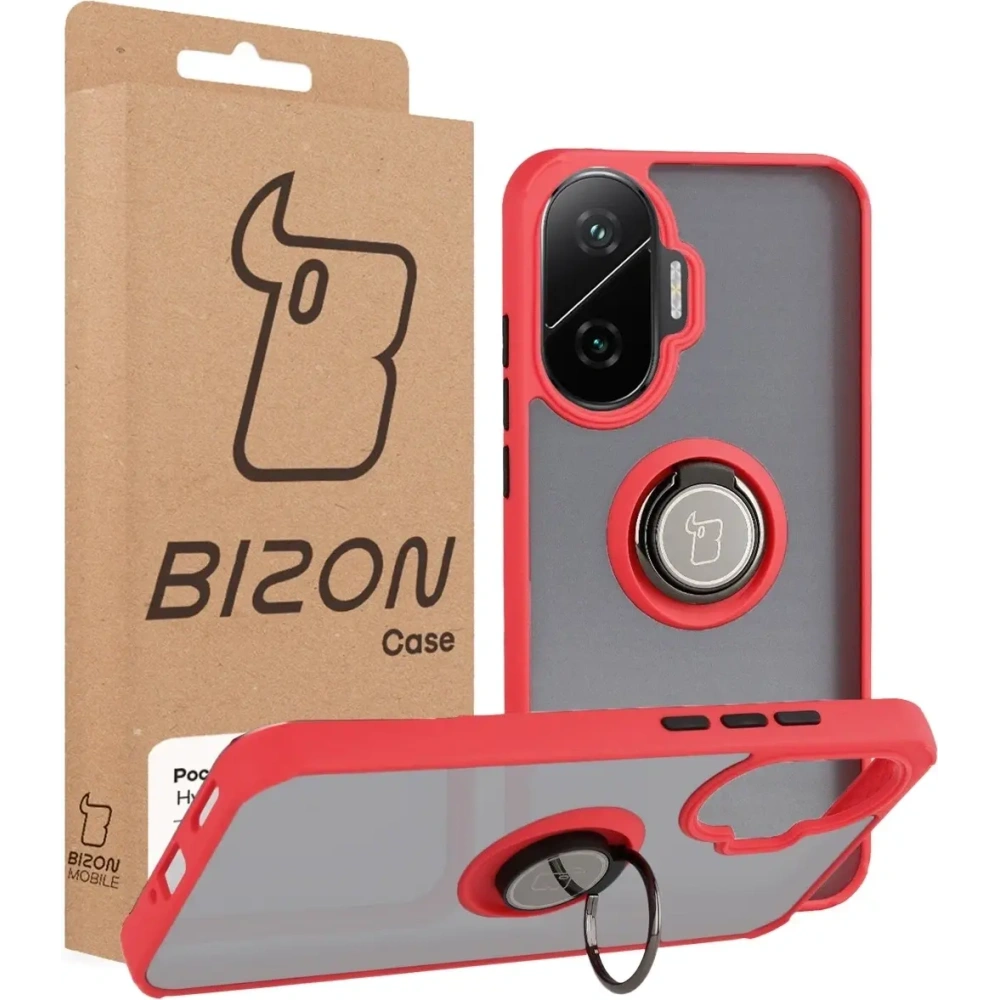 Etui z uchwytem na palec Bizon Case Hybrid Ring do Xiaomi POCO F7 przydymione z czerwoną ramką