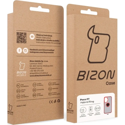 Etui z uchwytem na palec Bizon Case Hybrid Ring do Xiaomi POCO F7 przydymione z czerwoną ramką