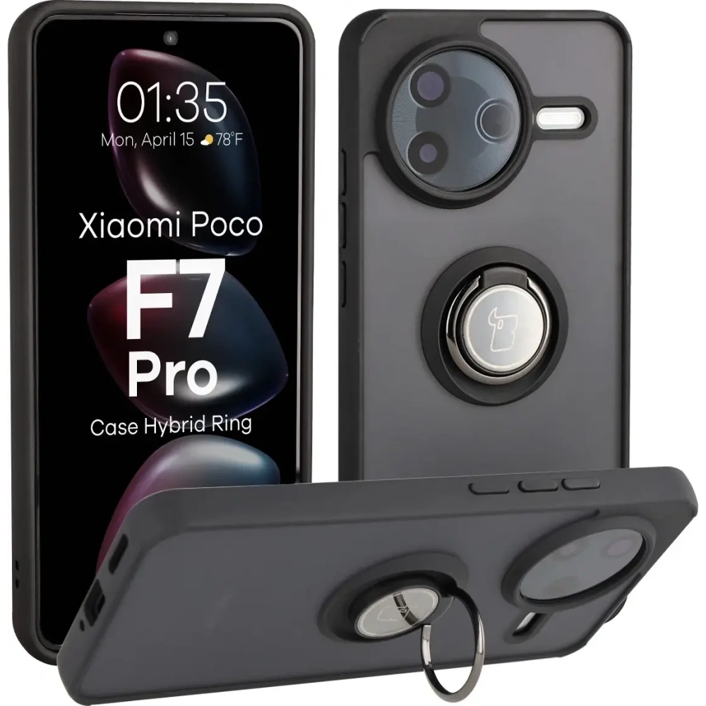 Etui z uchwytem na palec Bizon Case Hybrid Ring do Xiaomi POCO F7 Pro przydymione z czarną ramką