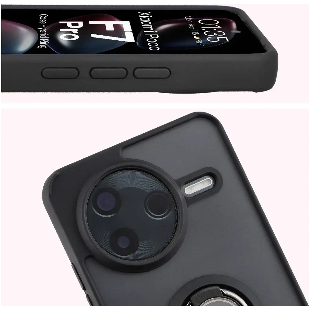 Etui z uchwytem na palec Bizon Case Hybrid Ring do Xiaomi POCO F7 Pro przydymione z czarną ramką