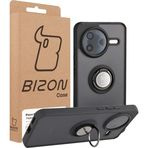 Etui z uchwytem na palec Bizon Case Hybrid Ring do Xiaomi POCO F7 Pro przydymione z czarną ramką
