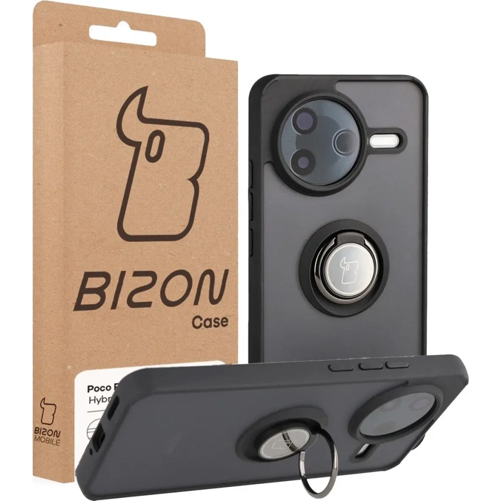 Etui z uchwytem na palec Bizon Case Hybrid Ring do Xiaomi POCO F7 Pro przydymione z czarną ramką
