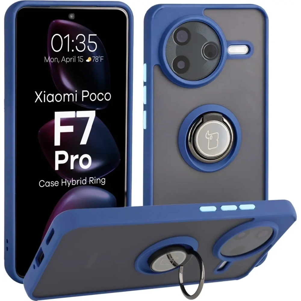 Etui z uchwytem na palec Bizon Case Hybrid Ring do Xiaomi POCO F7 Pro przydymione z granatową ramką