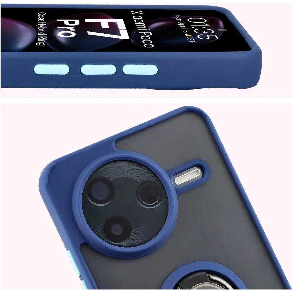 Etui z uchwytem na palec Bizon Case Hybrid Ring do Xiaomi POCO F7 Pro przydymione z granatową ramką