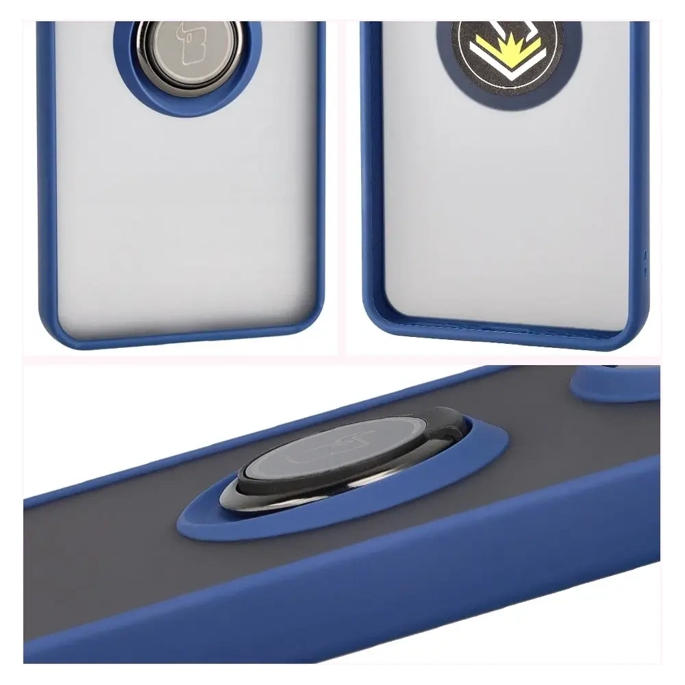 Etui z uchwytem na palec Bizon Case Hybrid Ring do Xiaomi POCO F7 Pro przydymione z granatową ramką