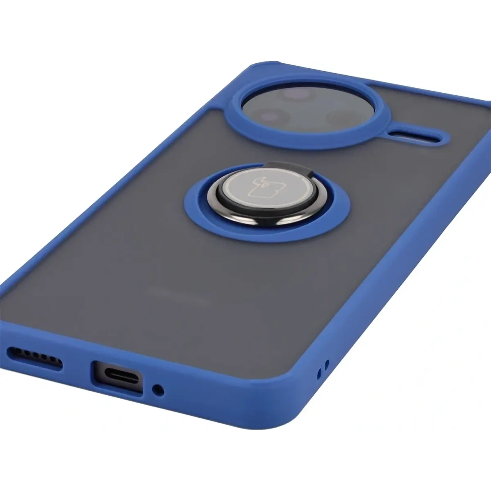 Etui z uchwytem na palec Bizon Case Hybrid Ring do Xiaomi POCO F7 Pro przydymione z granatową ramką