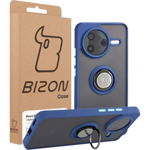 Etui z uchwytem na palec Bizon Case Hybrid Ring do Xiaomi POCO F7 Pro przydymione z granatową ramką