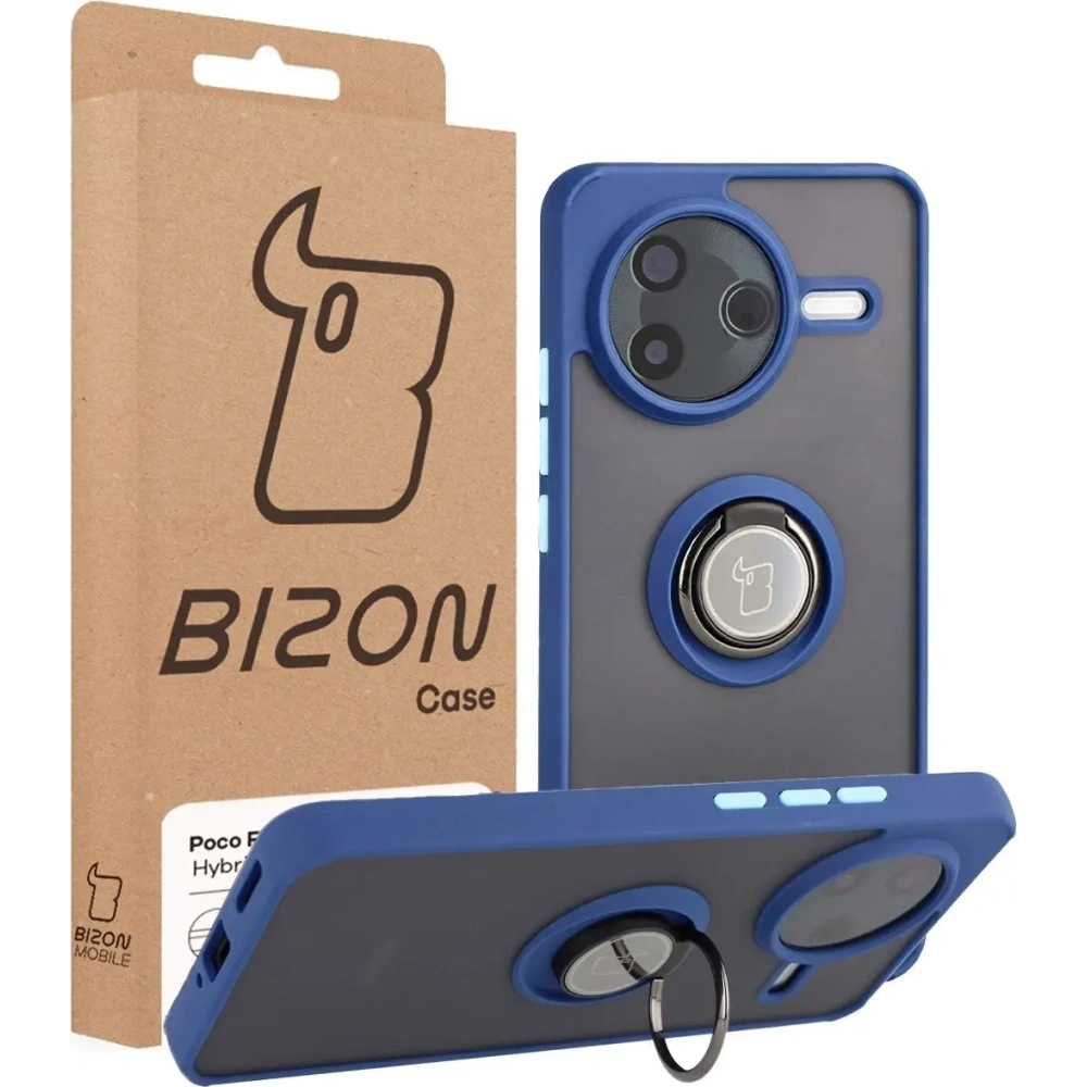 Etui z uchwytem na palec Bizon Case Hybrid Ring do Xiaomi POCO F7 Pro przydymione z granatową ramką