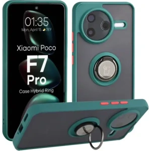 Etui z uchwytem na palec Bizon Case Hybrid Ring do Xiaomi POCO F7 Pro przydymione z ciemnozieloną ramką