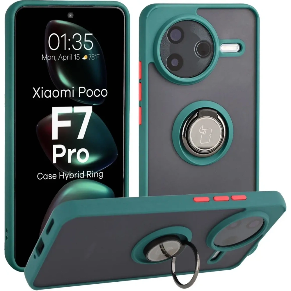 Etui z uchwytem na palec Bizon Case Hybrid Ring do Xiaomi POCO F7 Pro przydymione z ciemnozieloną ramką