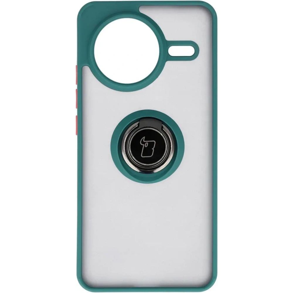 Etui z uchwytem na palec Bizon Case Hybrid Ring do Xiaomi POCO F7 Pro przydymione z ciemnozieloną ramką